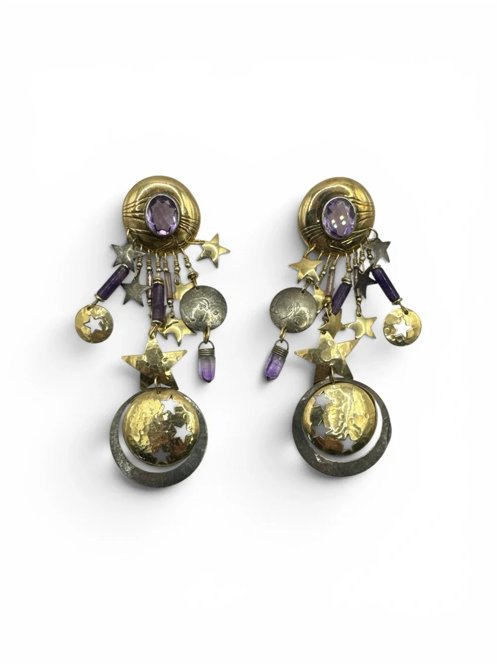Vintage Sterling Silver 14K GF Tabra Purple Tourmaline Amethyst Earrings 4”